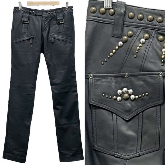 Vintage Y2K Black Leather Pants Studded Designer Biker Moto...